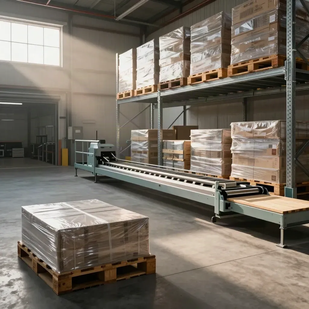 Mezzanine warehouse expansion with steel racking, wrapped stock, and packing line at daybreak.