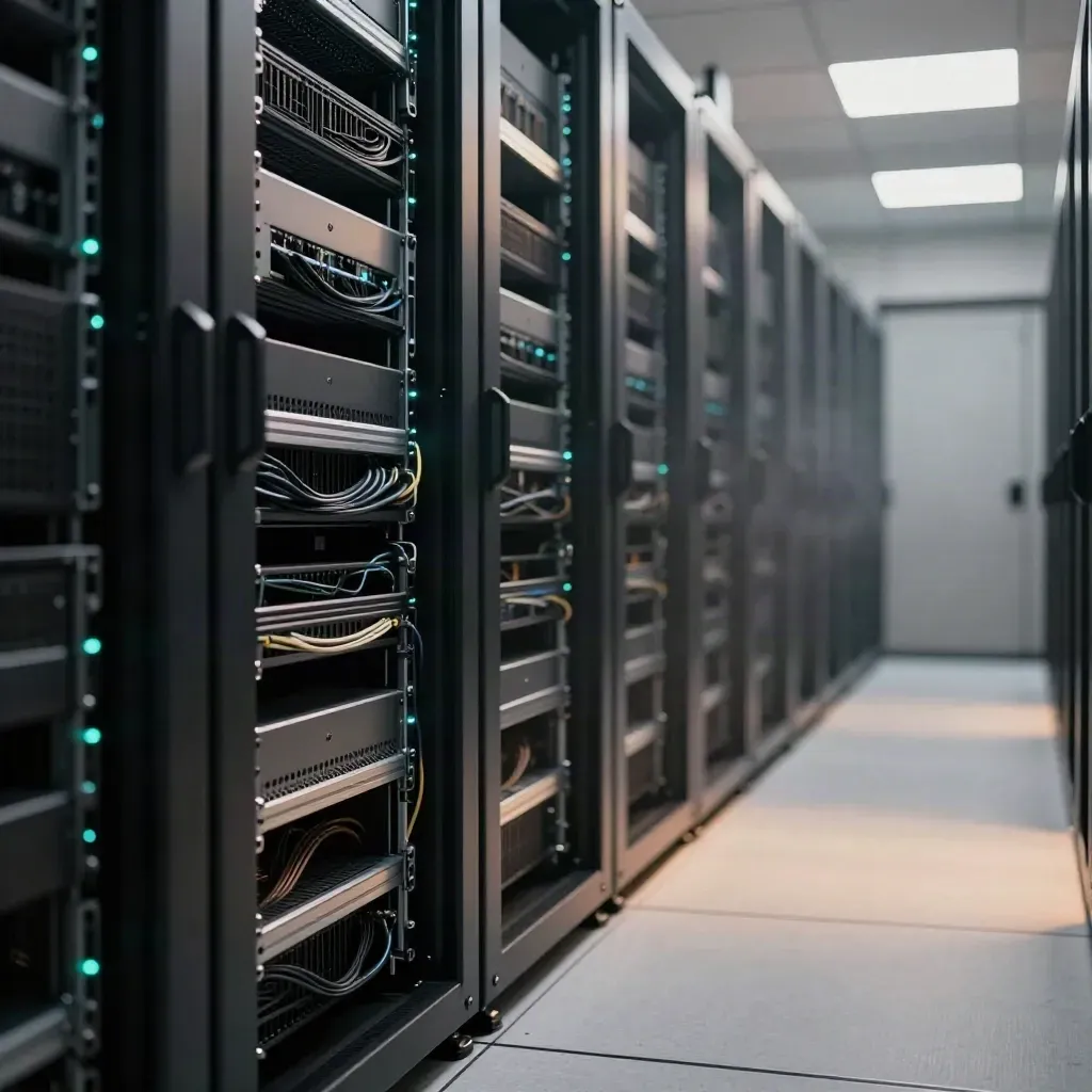 Finished server corridor with glowing rack lights and sunlit haze in a UK data room.