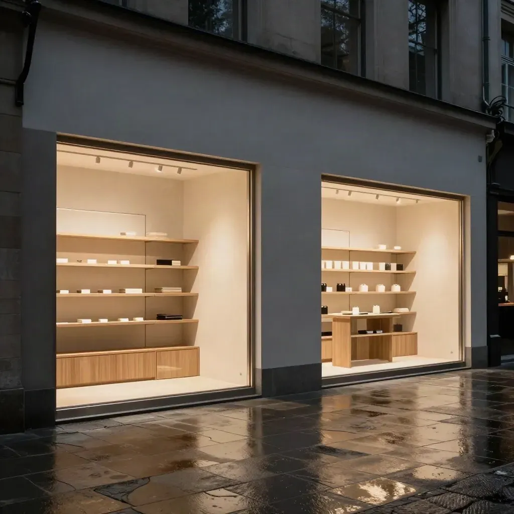 Two glowing retail units finished and ready, with shelving, new flooring and rain-slick pavement.