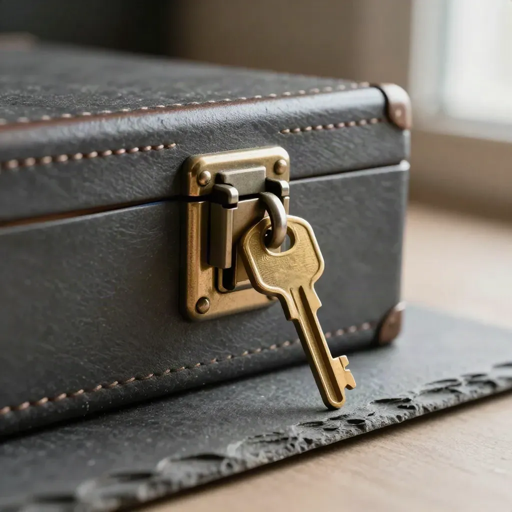 Macro of a secure lockbox latch, brass key, and charcoal leather ledger spine.
