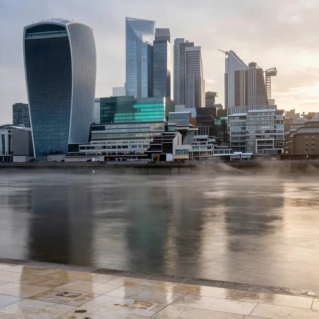 Canary Wharf towers rise through mist above a calm wet Thames embankment at blue hour.