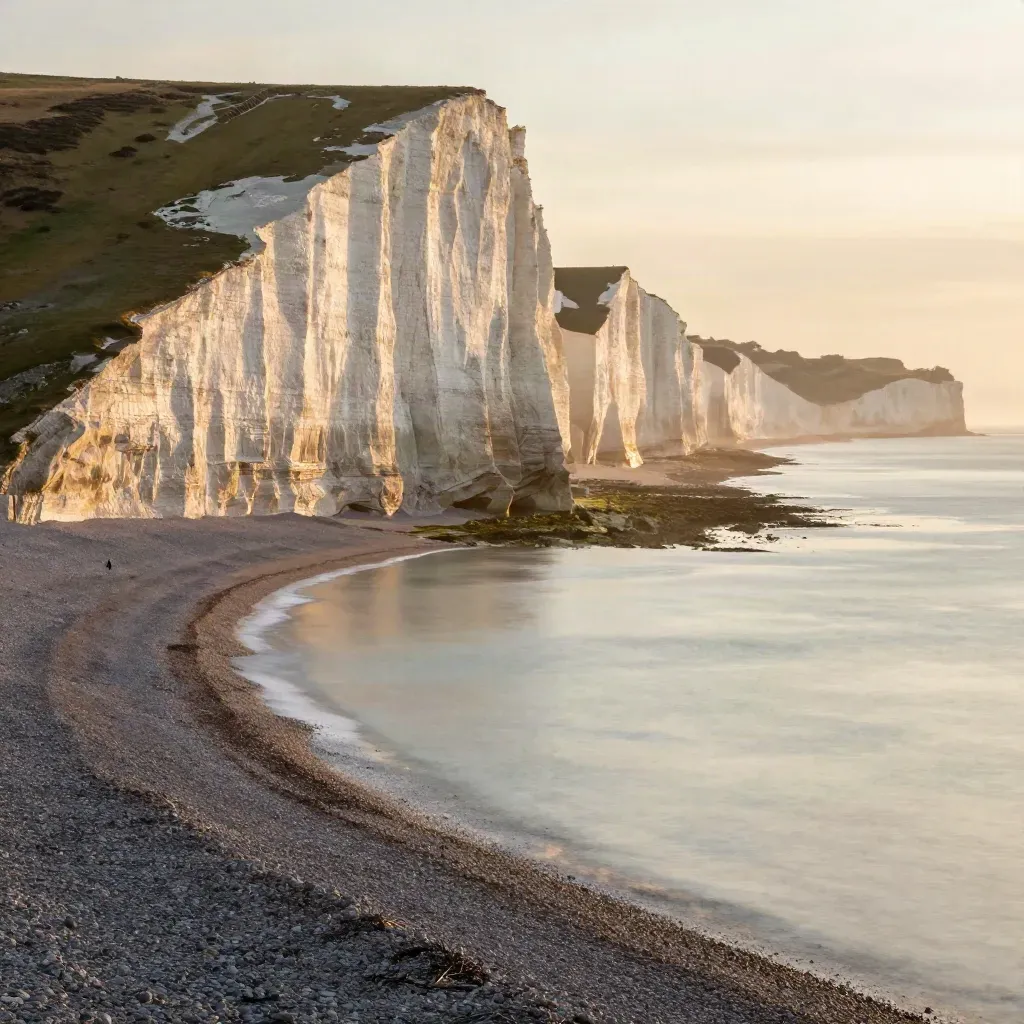 Seven Sisters cliffs at sunrise above a calm shingle shore and reflective tide edge